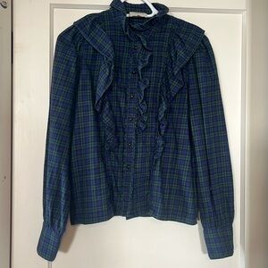 Sezane Tartan Frill Blouse in French 36